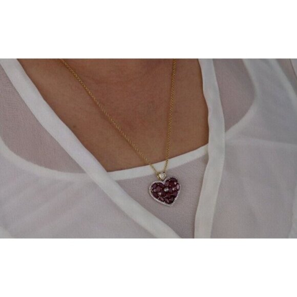 Gold Over Sterling Silver Simulated Ruby & White Topaz Heart Necklace 20" to 22" - Picture 2 of 7